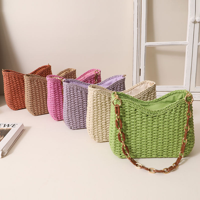 Women Purple Straw Woven Shoulder Solid Beach Tote Bag