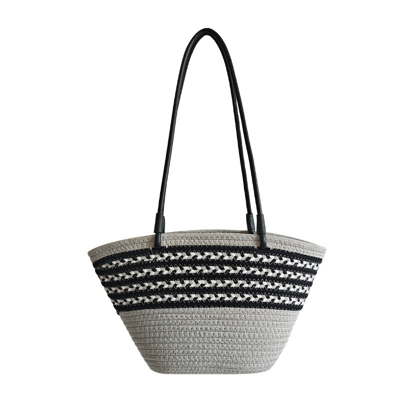 Braided Cotton Rope Color Block Striped Beach Tote