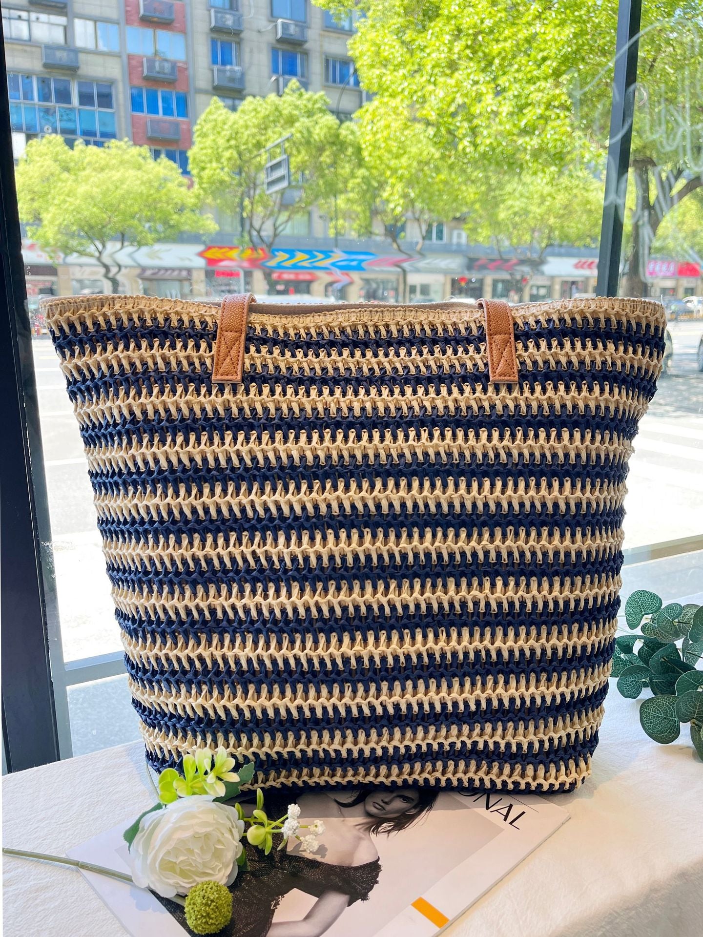 Rainbow Stripe Contrast Color Woven Straw Beach Bag