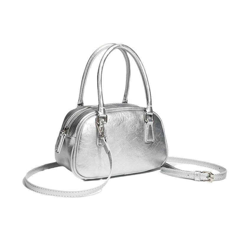 Metallic Mini Silver PU Leather Crossbody Boston Bag