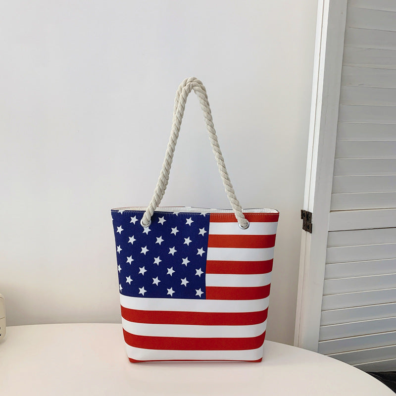 Canvas Striped American Flag Print Casual Fashion Shoulder Tote Bag