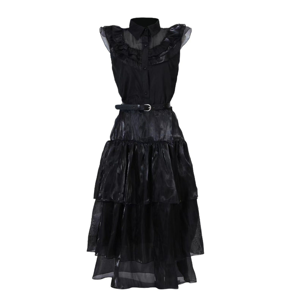 Women’s and Girls’Halloween Gothic Black Layered Tulle Maxi Skirt with Belt
