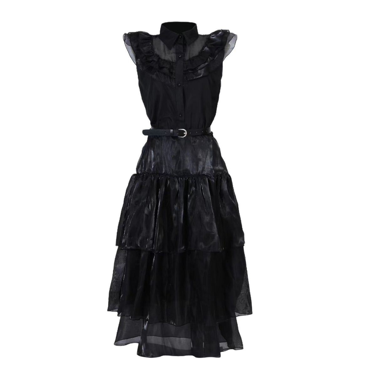 Women’s and Girls’Halloween Gothic Black Layered Tulle Maxi Skirt with Belt