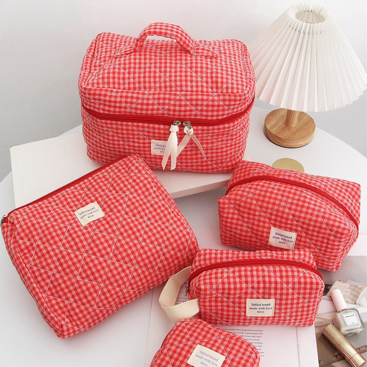 Red Plaid Quilted Large Capacity Cosmetic Bag