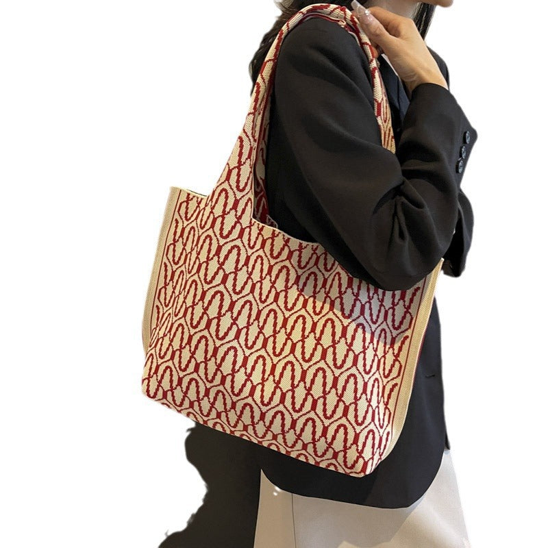Geometric Pattern Knit Shoulder Tote Bag with Wide Straps