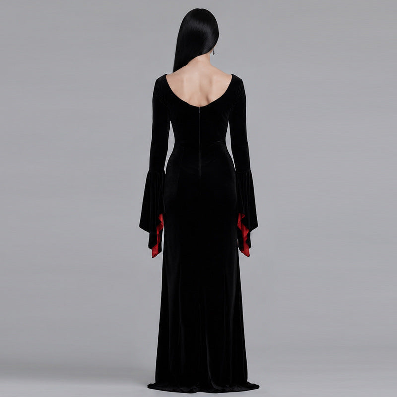 Halloween Gothic Black Velvet Maxi Dress with Red Satin Panel