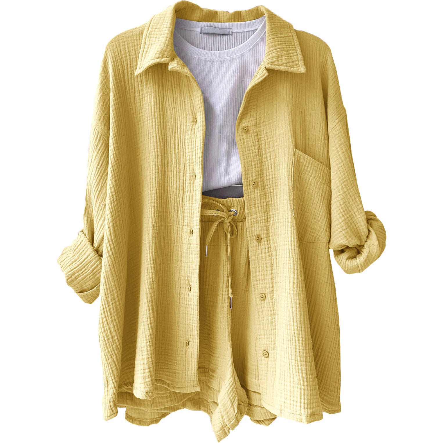 European And American Clothing Two-Piece Set Wrinkled Lapel Long-Sleeved Shirt High-Waisted Drawstring Shorts Large Size Fashion Casual Suit