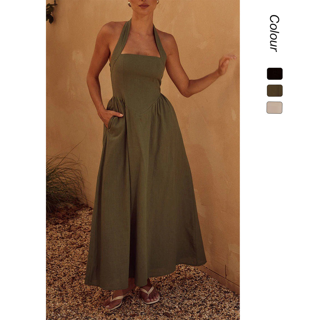 Wide Suspender Halter Neck Backless Dress