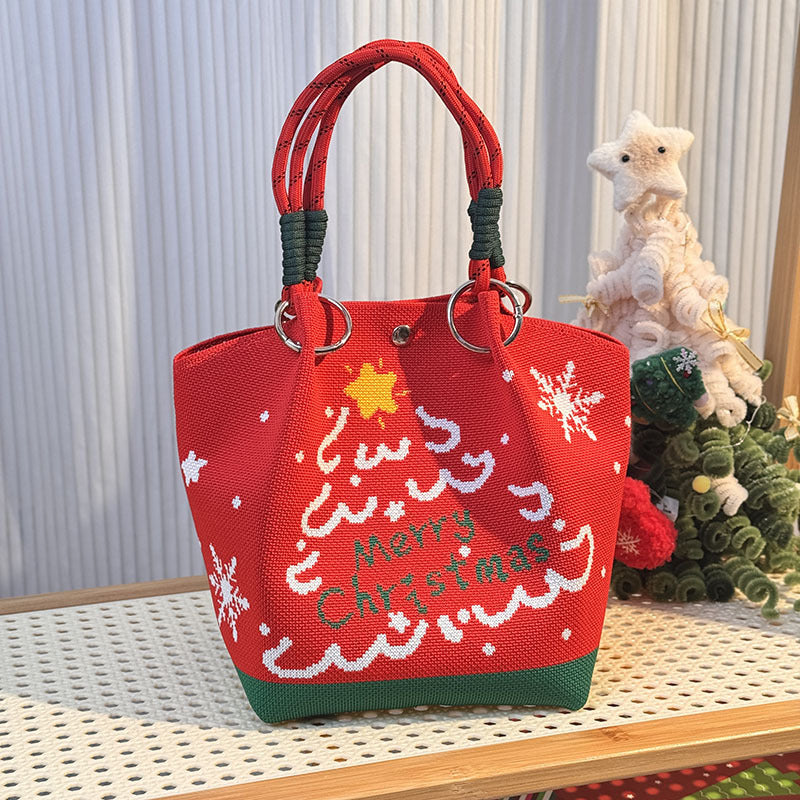 Festive Christmas Braided Handles Knit Handbag