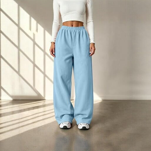 American-Style High-Waisted, Flowy-Fit Wide-Leg Sweatpants for Women—Spring/Fall Loose-Fit Casual Pants in Pink, Black, and Green with Cuffed Ankle Hems
