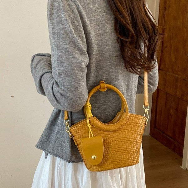 Woven Mini Tote Bag with Round Handles and Crossbody Strap