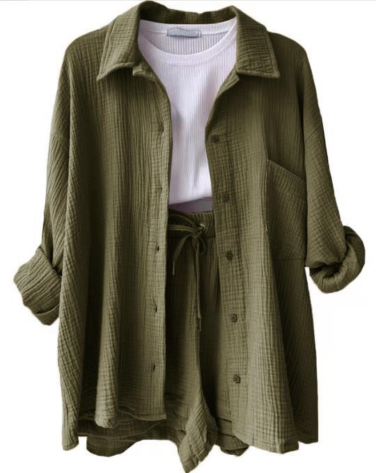 European And American Clothing Two-Piece Set Wrinkled Lapel Long-Sleeved Shirt High-Waisted Drawstring Shorts Large Size Fashion Casual Suit