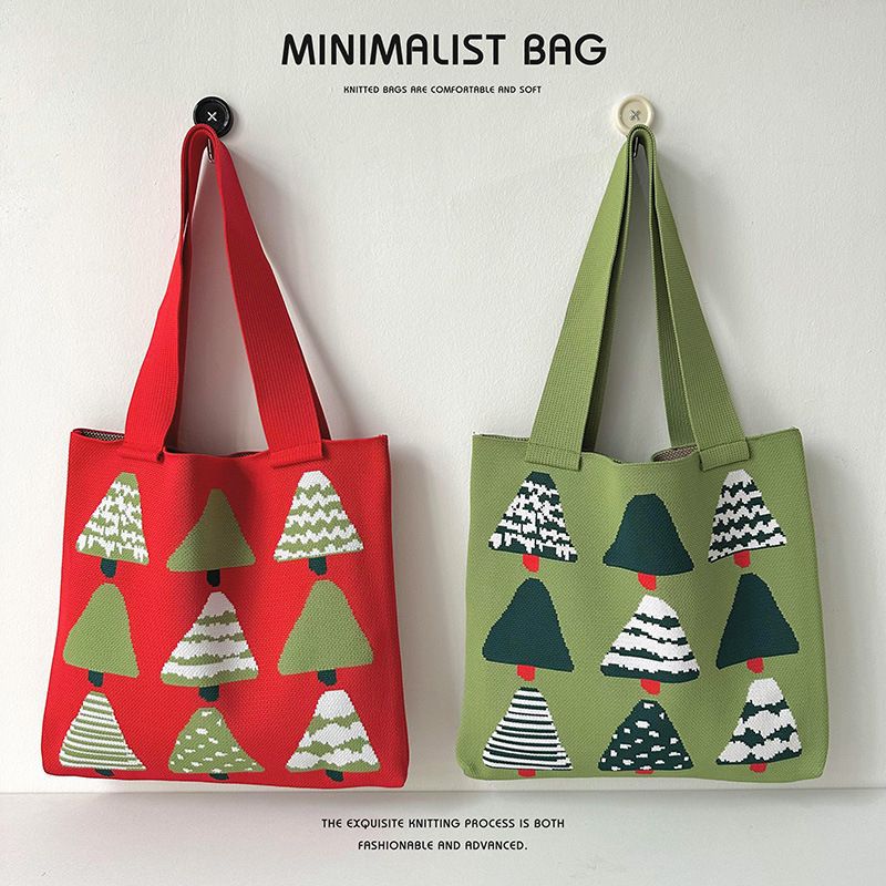 Christmas Tree Graphic Knit Wide Straps Tote Bag