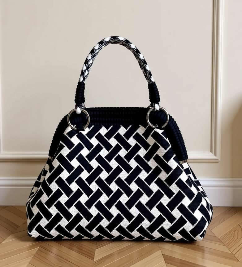Retro Houndstooth Knitted Dumpling Style Tote Handbag