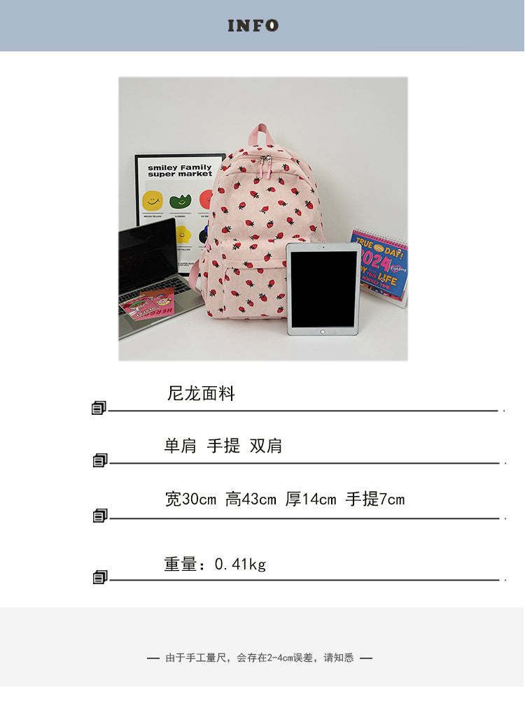 Women Sweet Cherry Corduroy Backpack, Student Travel School Bag