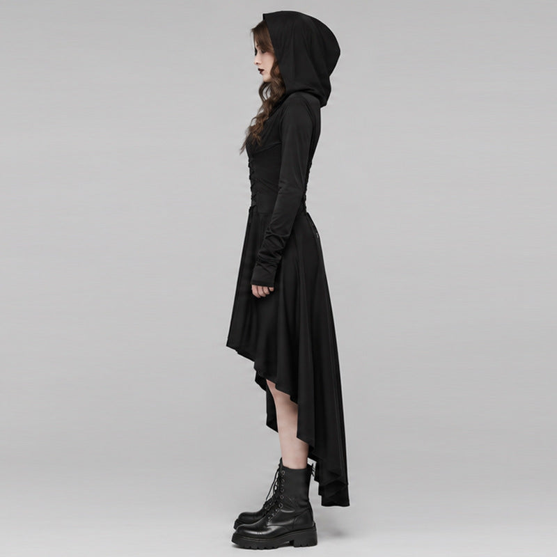 Halloween Gothic Hooded High-Low Dress with Lace Up Corset Waist