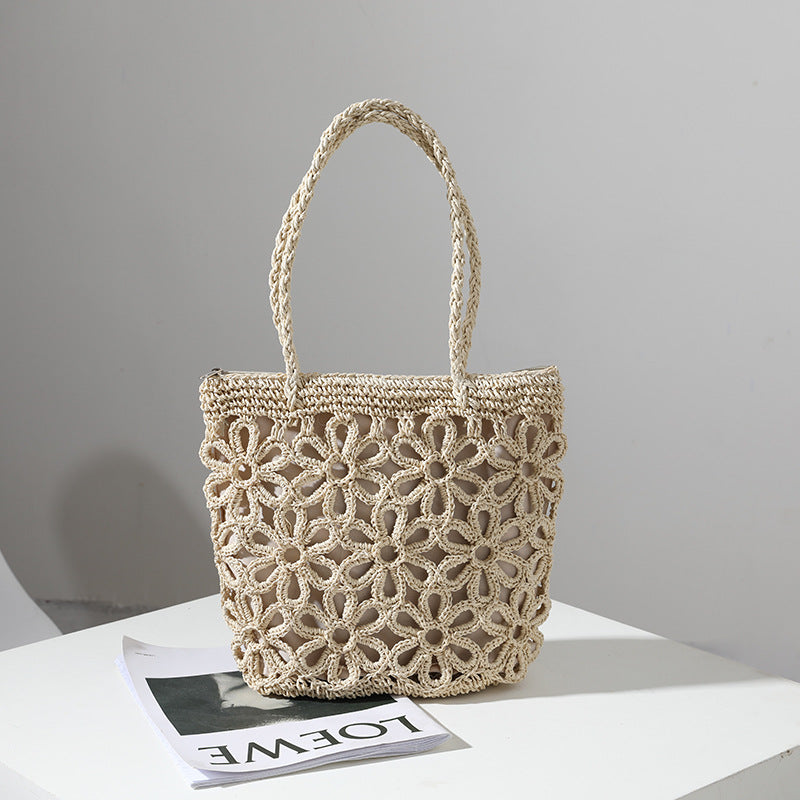 Women New Hollow Floral Straw Woven Shoulder Handheld Beach Bag