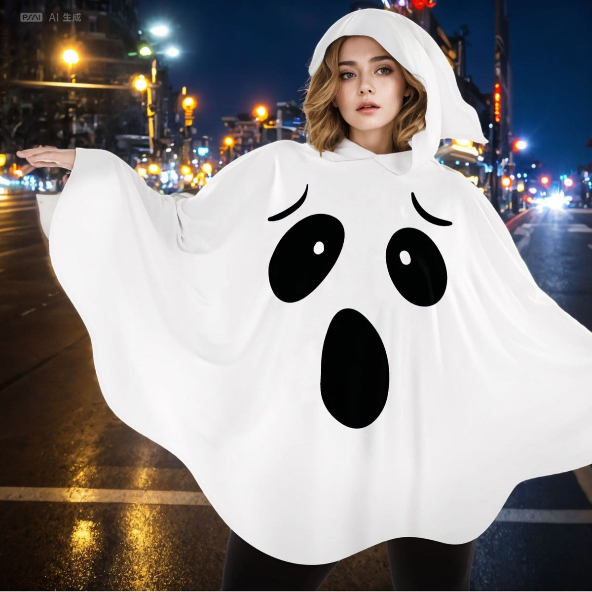 Customizable White Ghost Hooded Halloween Poncho Costume
