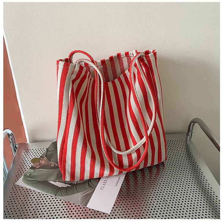 Single Shoulder Striped Canvas Large Bag