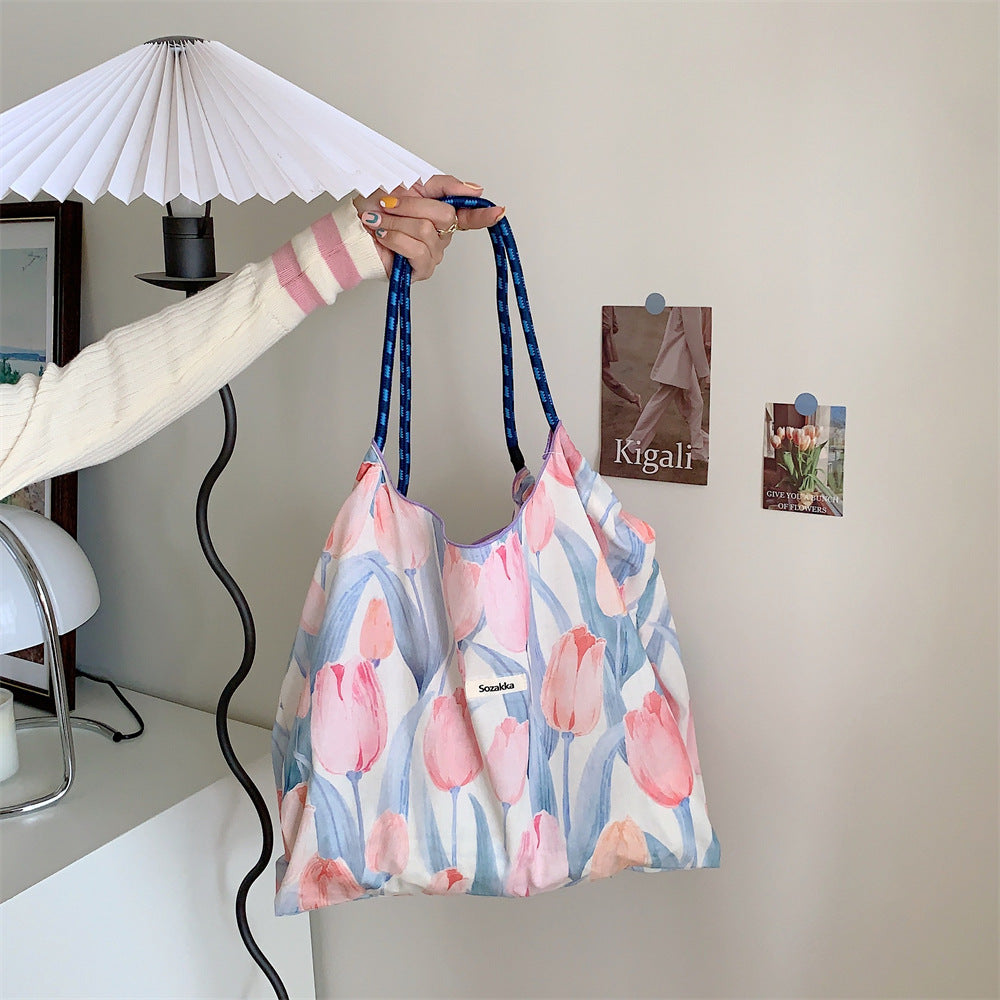 Korean Large Capacity Drawstring Floral Tote Bag