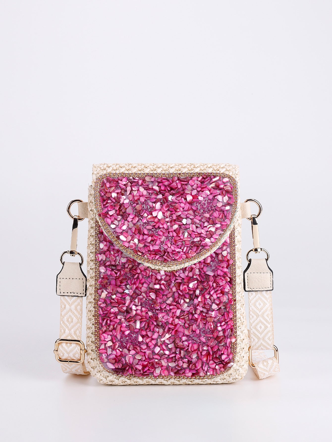 Women Luxury Straw Crossbody Bag, Fashion Beaded Woven Phone Shoulder Bag