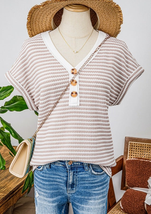 Women Spliced Knitted V-Neck Button Pullover Short Sleeve