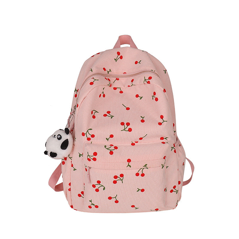 Women Sweet Cherry Corduroy Backpack, Student Travel School Bag