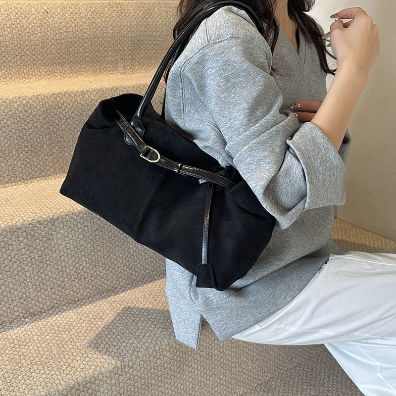 Vintage Suede-Look East-West Shoulder Bag with Belt Detail