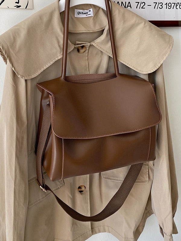 Minimalist Flap Large Vegan Leather Tote Shoulder Bag