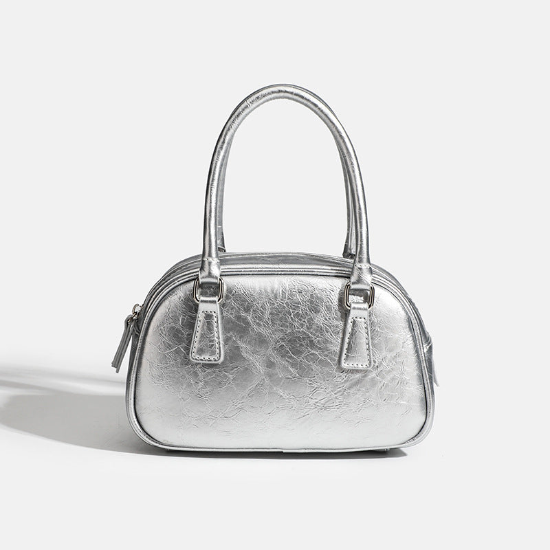 Metallic Mini Silver PU Leather Crossbody Boston Bag