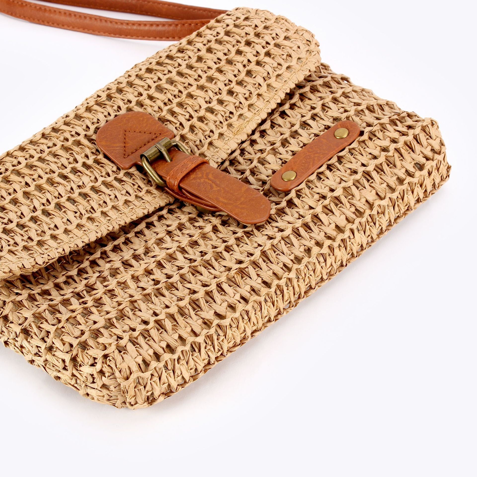 Boho Woven Paper Straw Adjustable Flap Shoulde Crossbody Bag