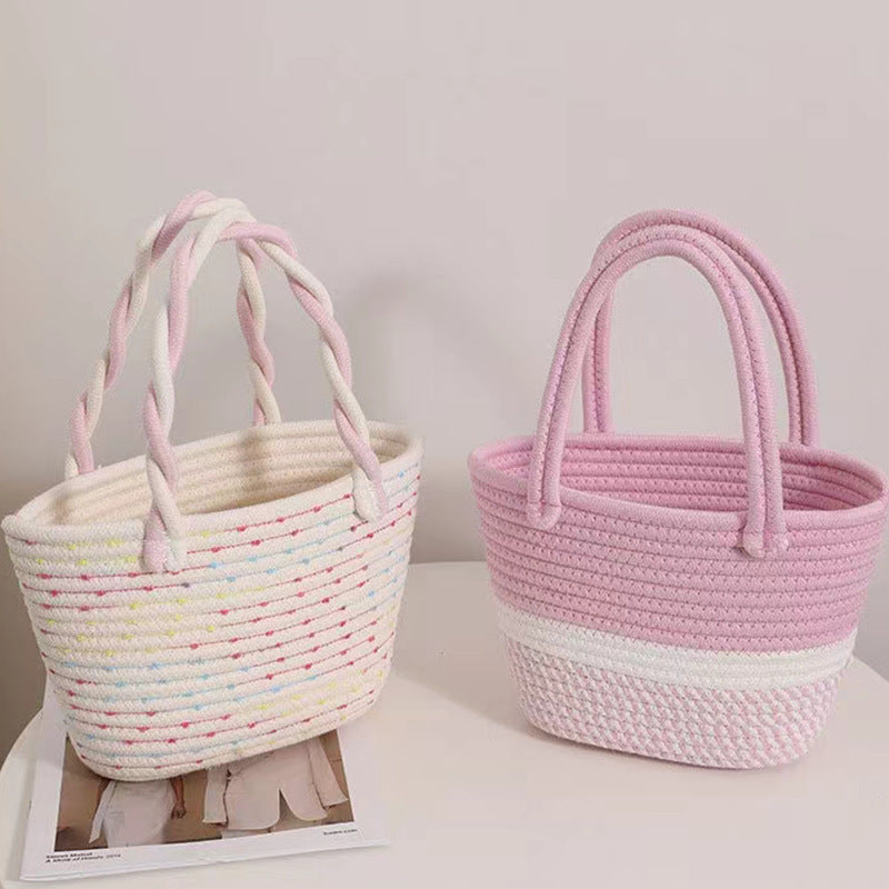 Retro Striped Cotton Woven Straw Detail Vacation Beach Handheld Basket Bag