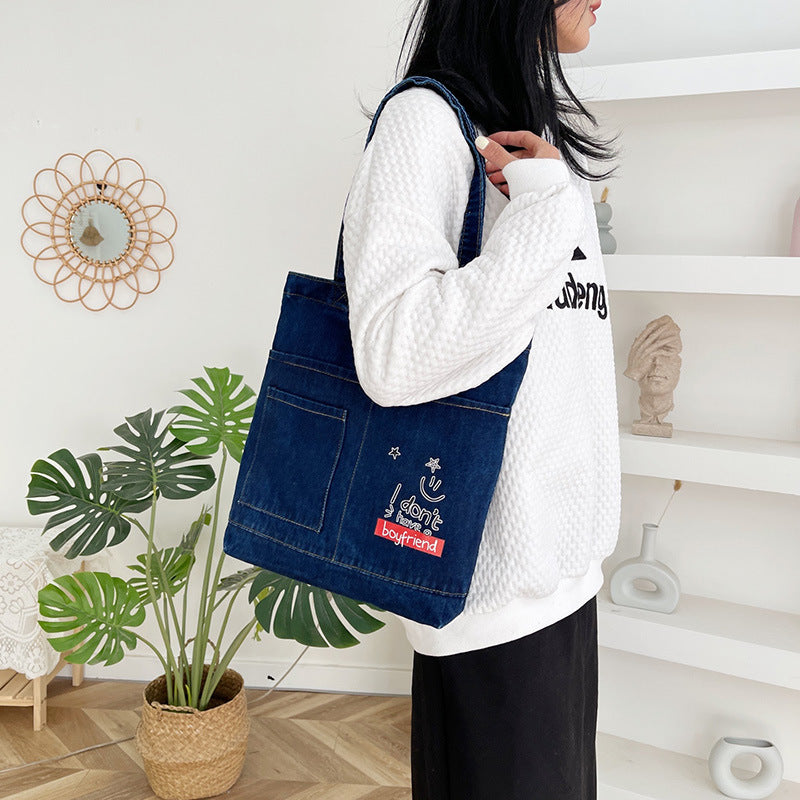 Cross-Border Denim Bag Shoulder Bag Women'S Casual Simple Korean Style Girls' Tote Bag Canvas Student Portable Tutoring Bag