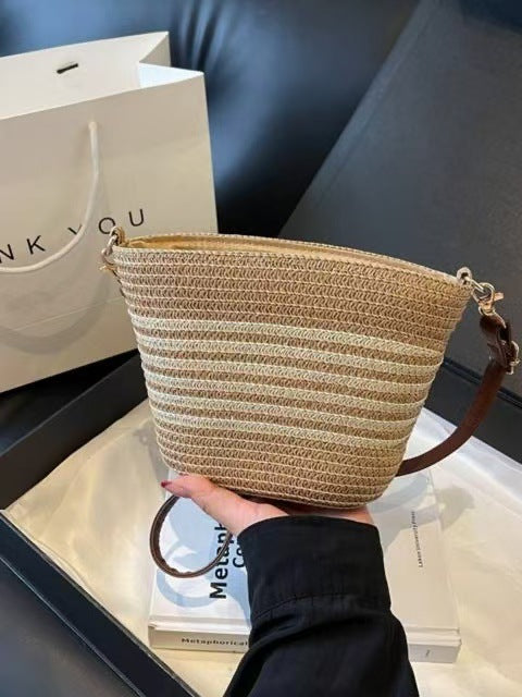 Women Striped Straw New Fresh Minimalist Woven Vacation Beach Bag