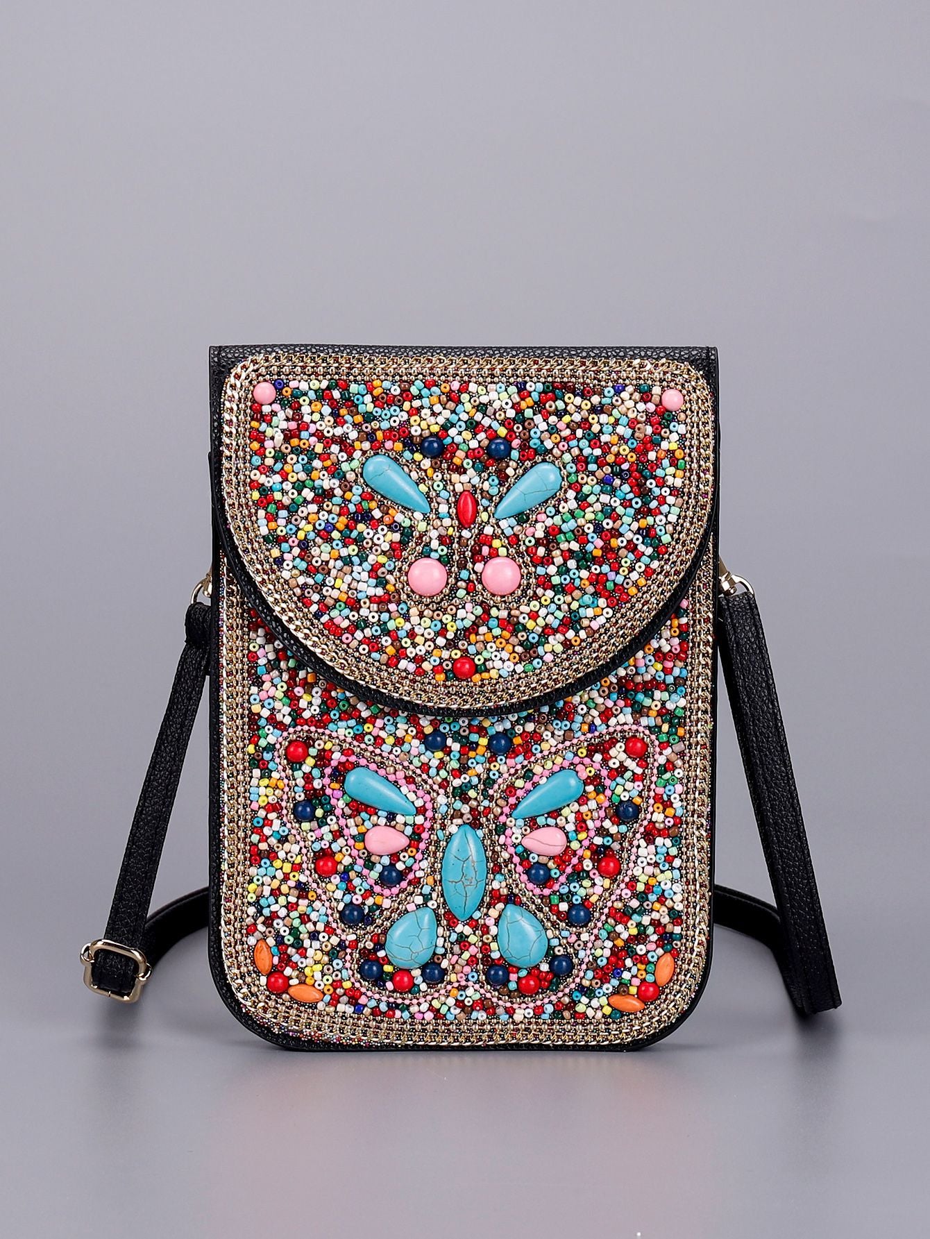 Women Ethnic Style Beaded Crossbody Bag, Handmade Turquoise Red Phone Bag