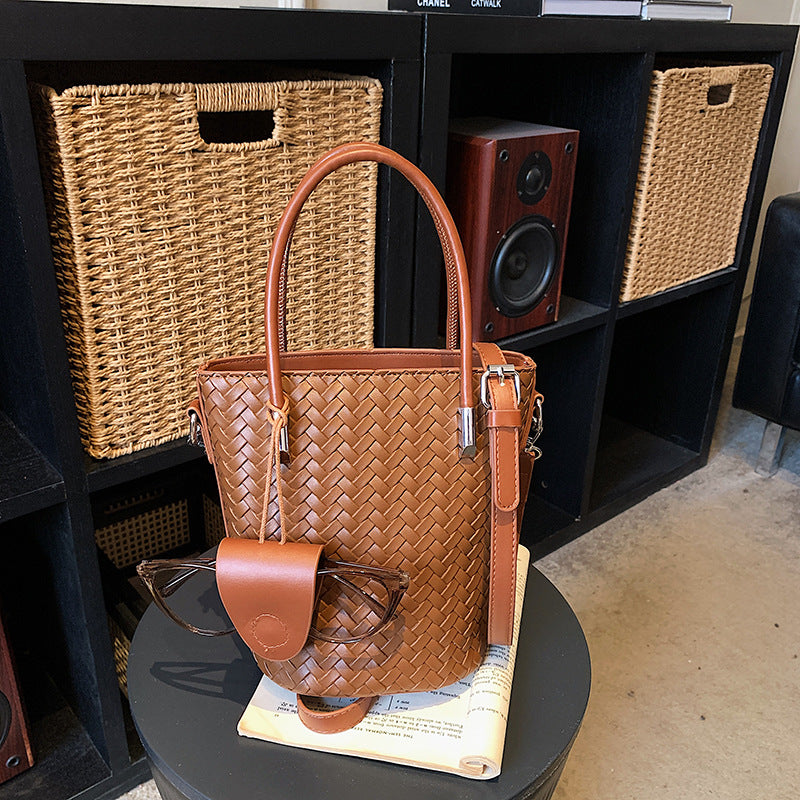Woven Bucket Bag with Detachable Strap and Zipper