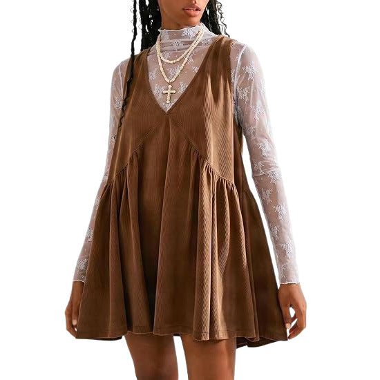 2026 Spring New Arrival: Women's Corduroy Two-Piece Set—V-Neck, Slimming A-Line Dress with European and American Cross-Border Style