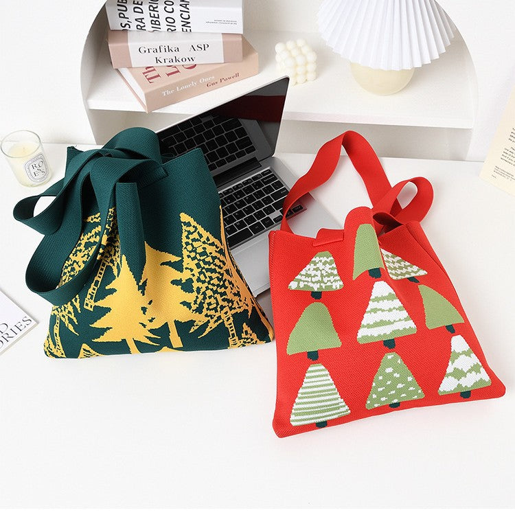 Christmas Tree Graphic Knit Wide Straps Tote Bag