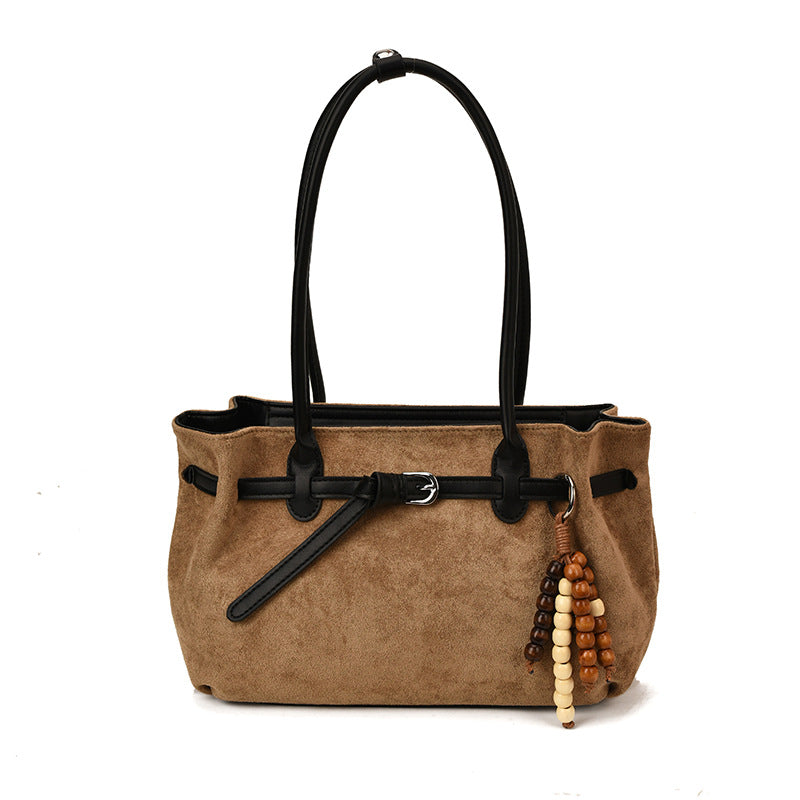 Soft Textured Belted Shoulder Bag with Beaded Charm