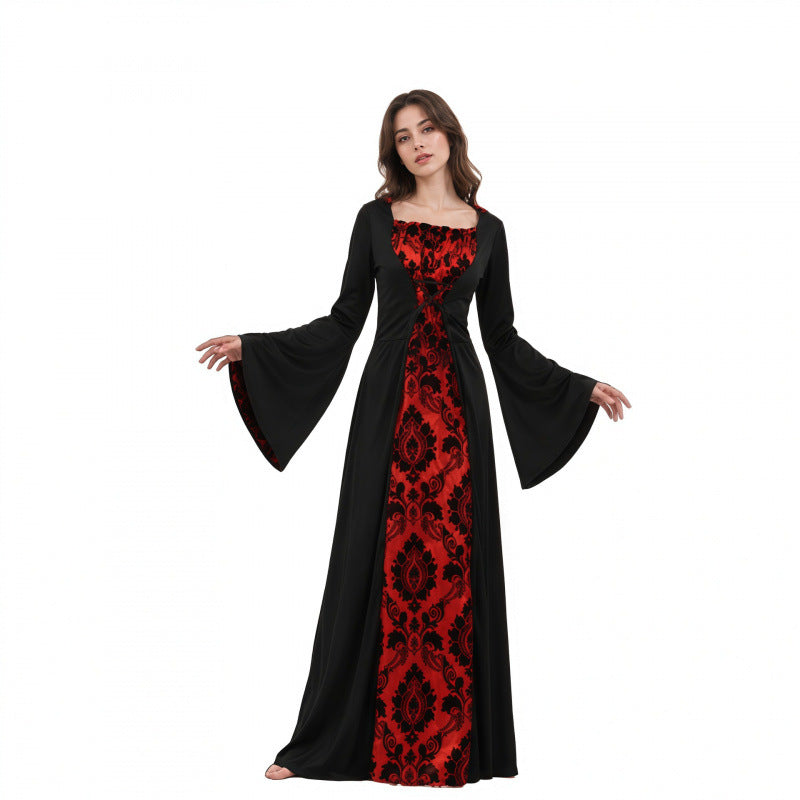Halloween Gothic Medieval Maxi Dress with Red Brocade Panel