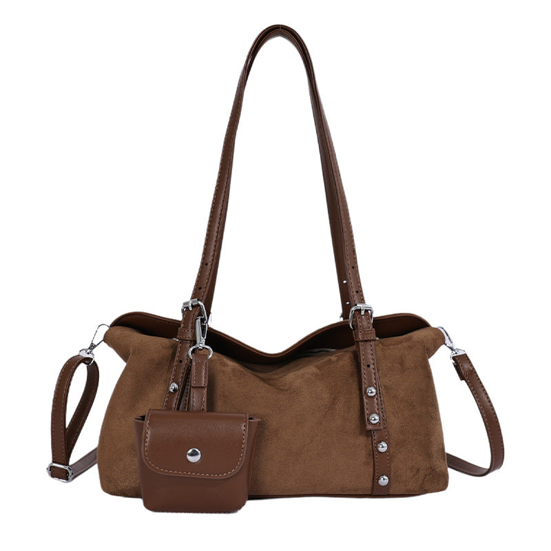 Vintage Suede Shoulder Bag with Mini Pouch and Adjustable Strap