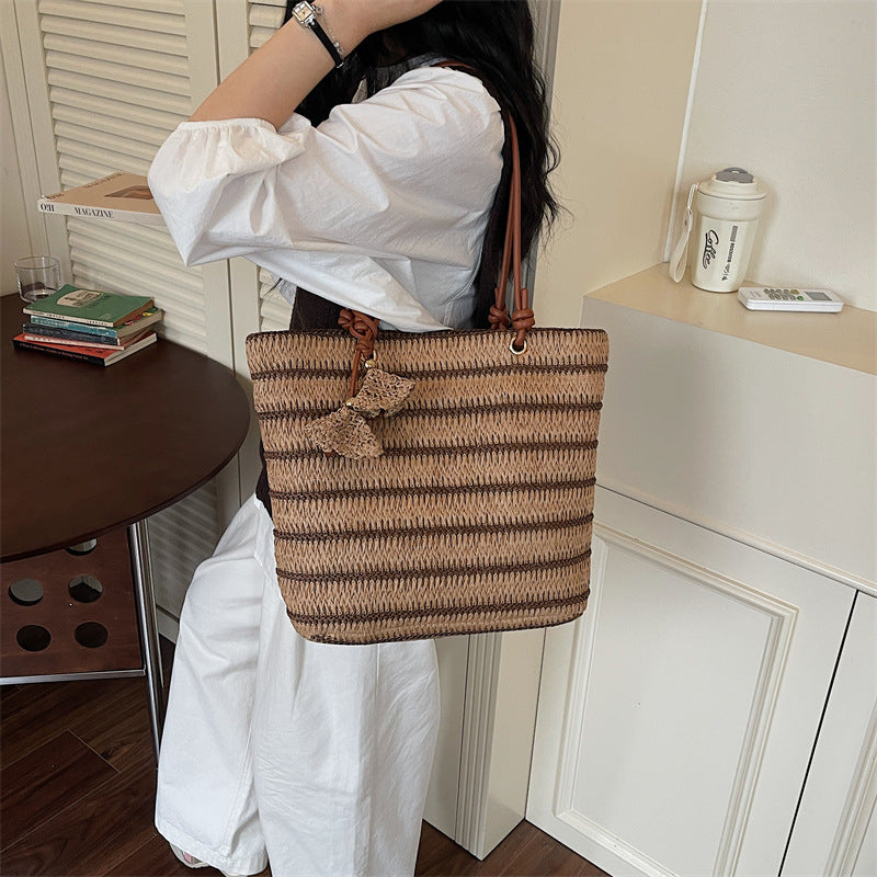 Women 2026 Spring New Casual Large Shoulder Paper Rope Striped Woven Bag