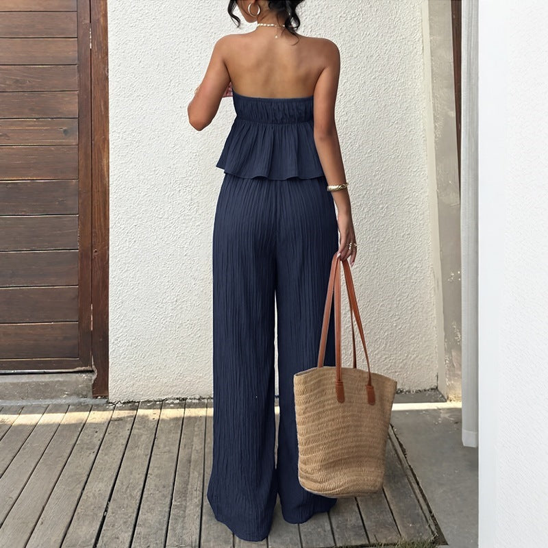 2026 Summer New Casual Solid Strapless Ruffle Tank Top Wide Leg Pants Two Piece Set