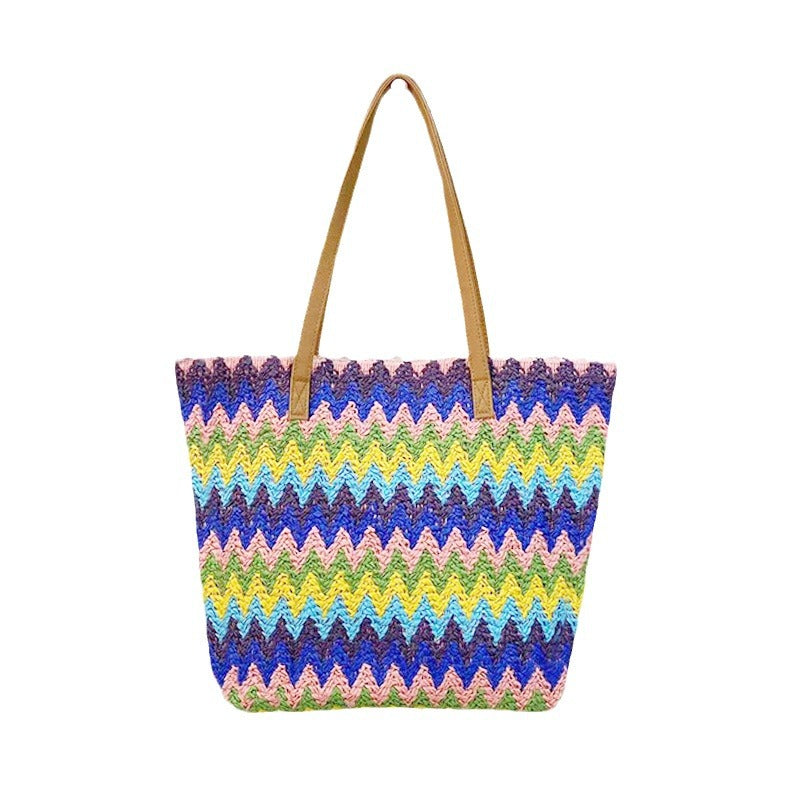 Large Capacity Handmade Wavy Striped Straw Tote Bag