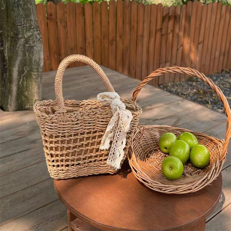 Women Bow Hollow Square Handheld Crossbody Vintage Straw Beach Bag