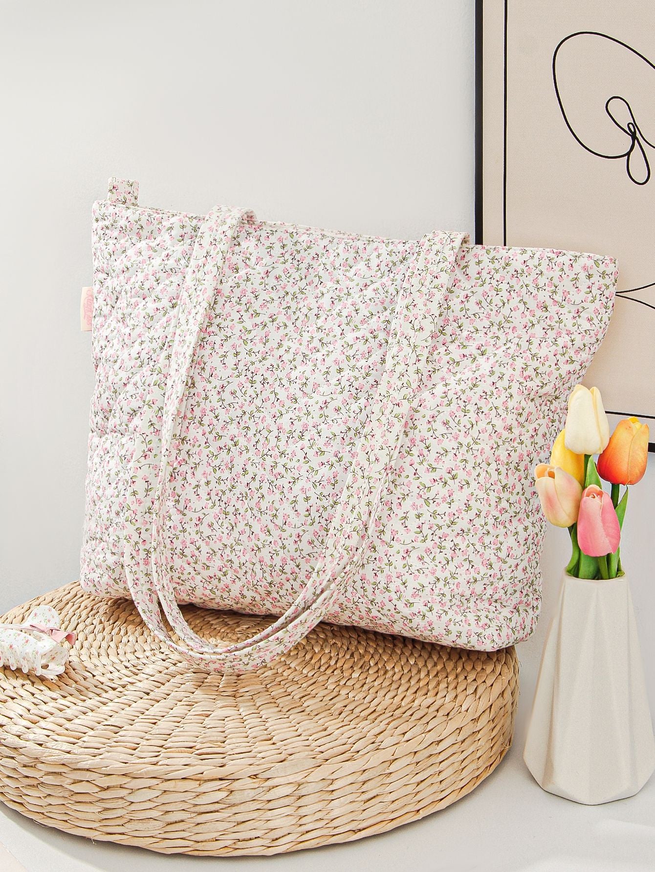 Quilted Cotton Flower Lipstick Tote Bag