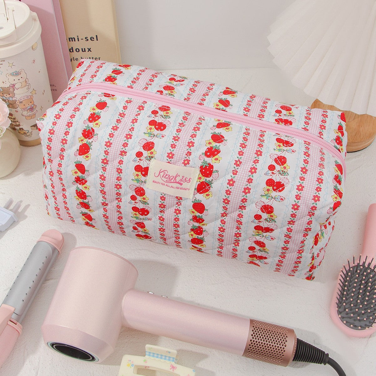 Vertical Stripe Red Strawberry Cotton Cosmetic Bag