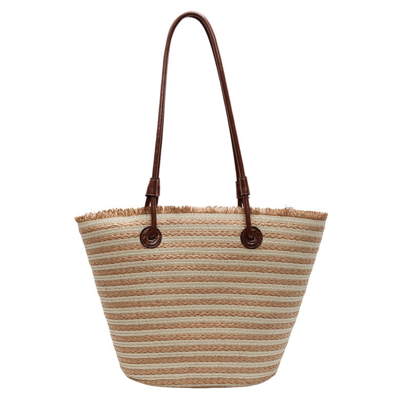 Women Unique Woven Large Striped Handheld Rustic Beach Bag