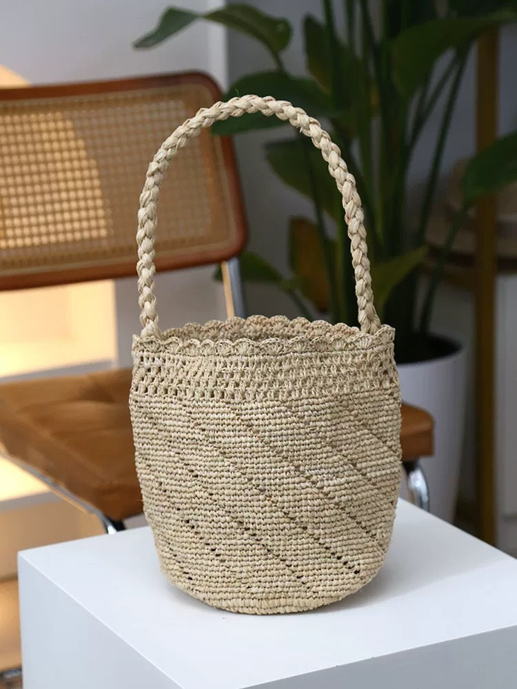 Handwoven Raffia Bucket Natural Straw Shoulder Beach Tote Bag