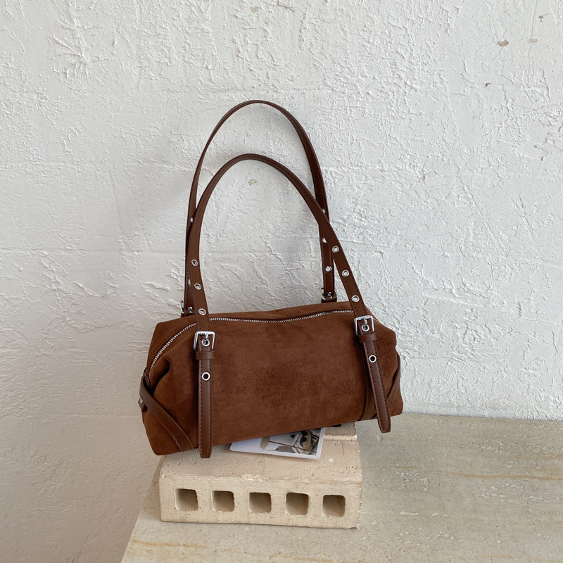 Vintage Studded Suede-Look Boston Shoulder Bag with Studded Straps